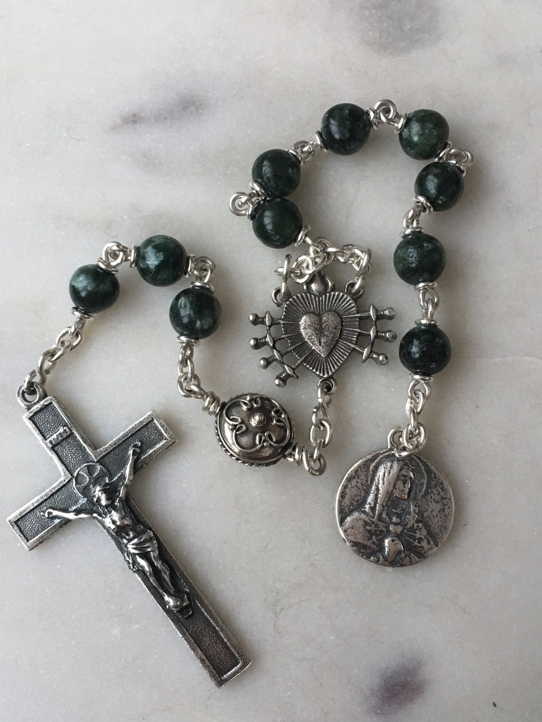 Pocket Servite Rosary - Seraphinite Gemstones - Sterling and Sterling Silver - Seven Sorrows Chaplet - Our Lady of Sorrows CeCeAgnes