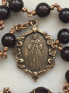 Divine Mercy Chaplet Pocket Rosary - Garnet Gemstones and Bronze - Pardon Crucifix - Single Decade Rosary CeCeAgnes