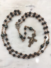 Load image into Gallery viewer, Bronze Franciscan Rosary - Saint Francis - Bronzite - Brown and Green Gemstones - San Damiano Crucifix CeCeAgnes
