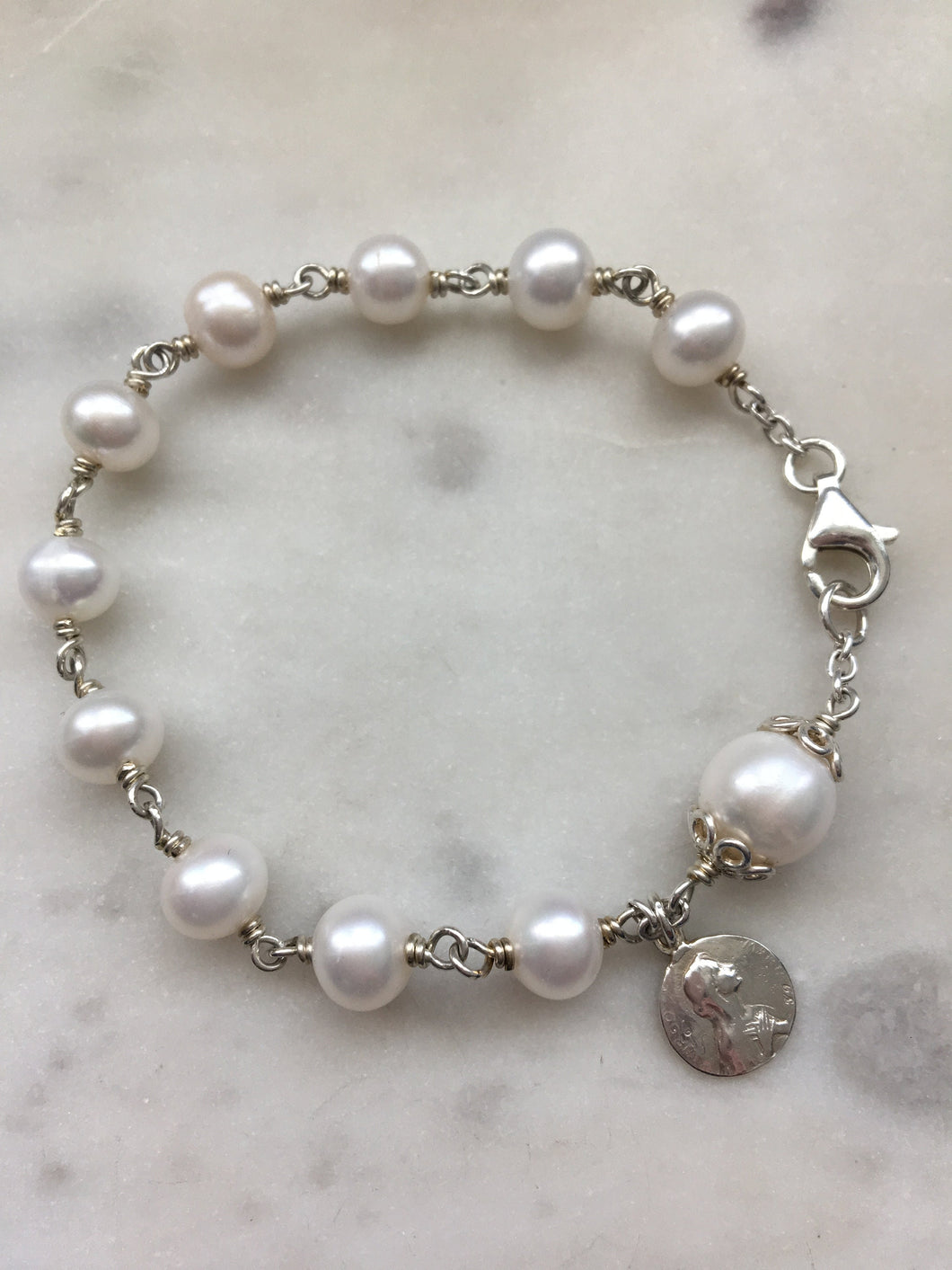 Beautiful All Sterling Freshwater Pearl Wire-wrapped Rosary Bracelet Sterling medals