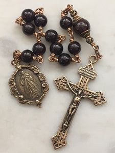 Divine Mercy Chaplet Pocket Rosary - Garnet Gemstones and Bronze - Pardon Crucifix - Single Decade Rosary CeCeAgnes