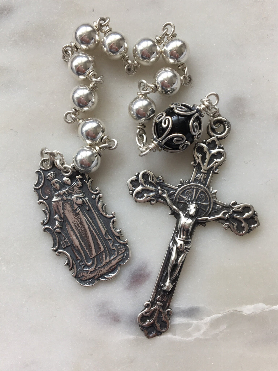 All Sterling Silver Pocket Rosary - Our Lady of Carmel - Lilies Crucifix - Single Decade Rosary - Sterling Silver Beads