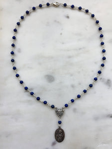 Madonna and Child Necklace - Lapis Gemstones - Sterling Silver - Virgin Mary - Mother of God Pendant