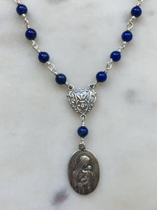 Madonna and Child Necklace - Lapis Gemstones - Sterling Silver - Virgin Mary - Mother of God Pendant