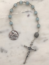 Load image into Gallery viewer, Beautiful Single Decade Rosary! -  Sterling Silver - 8mm Aquamarine Gemstones - Spanish Crucifix - Bali Sterling - Mary and Baby

