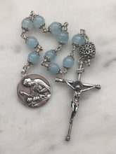 Load image into Gallery viewer, Beautiful Single Decade Rosary! -  Sterling Silver - 8mm Aquamarine Gemstones - Spanish Crucifix - Bali Sterling - Mary and Baby
