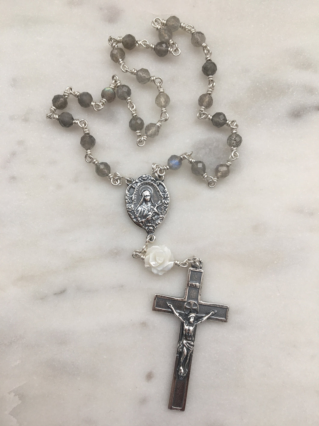 Saint Therese Chaplet - Faceted Labradorite  - Roses Crucifix - Sterling Silver CeCeAgnes