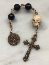 Load image into Gallery viewer, Saint Michael Chaplet: Blue Sandstone, Bronze Medals, Ox Bone Skull
