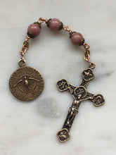 Load image into Gallery viewer, Three Hail Mary Chaplet - Holy Spirit Medal - Alpha Omega Crucifix - Rhodonite Gemstones - Bronze CeCeAgnes
