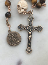 Load image into Gallery viewer, Memento Mori Rosary Tiger Eye Ox Bone Skull Bronze Saint Michael Tenner
