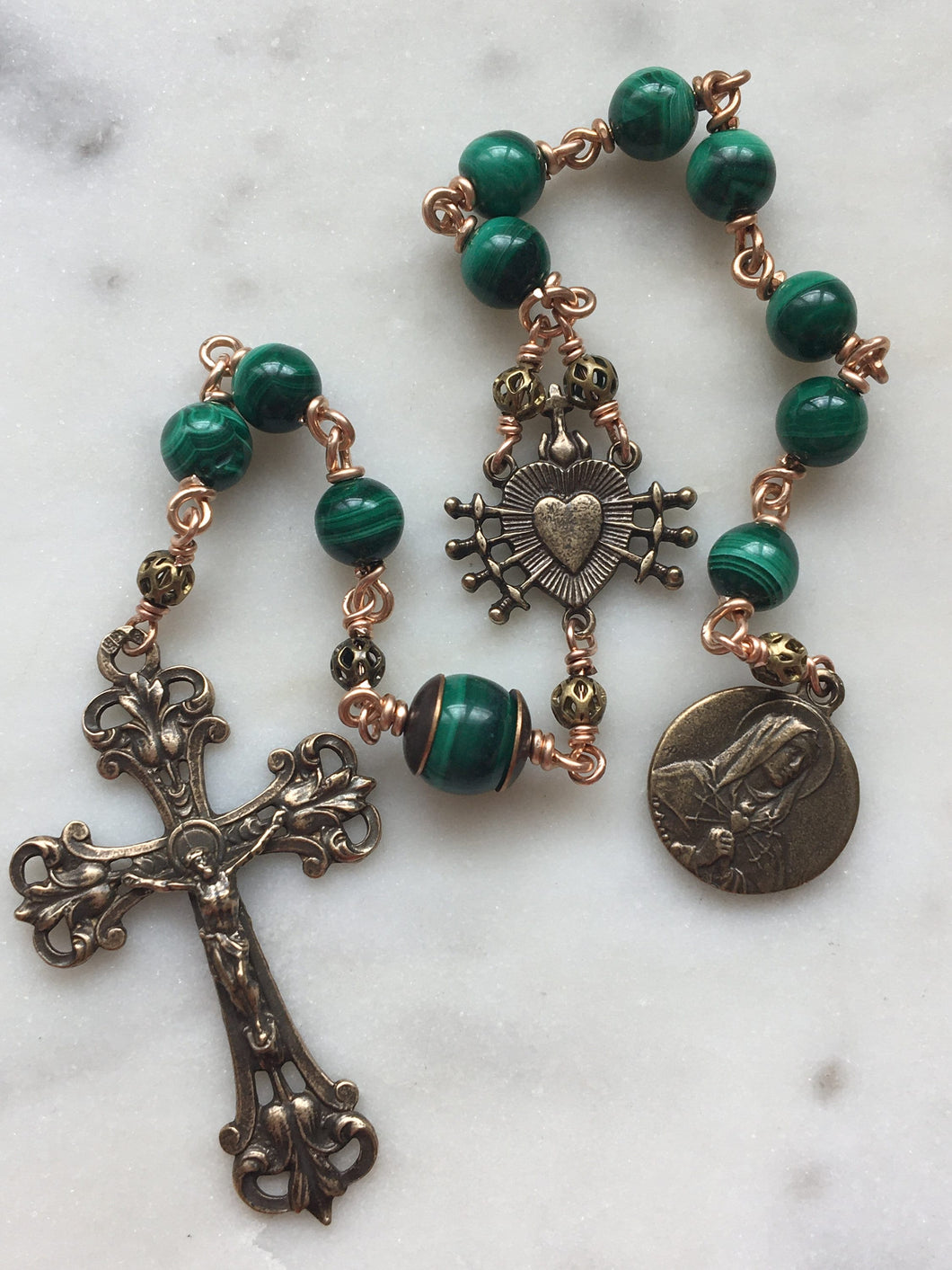 Pocket Servite Rosary - Malachite - Bronze - Seven Sorrows Chaplet - Our Lady of Sorrows