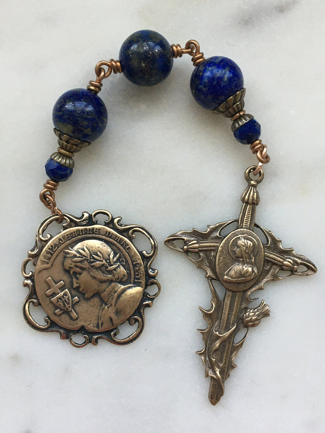 Three Hail Mary Chaplet - Joan of Arc - Lapis and Bronze CeCeAgnes