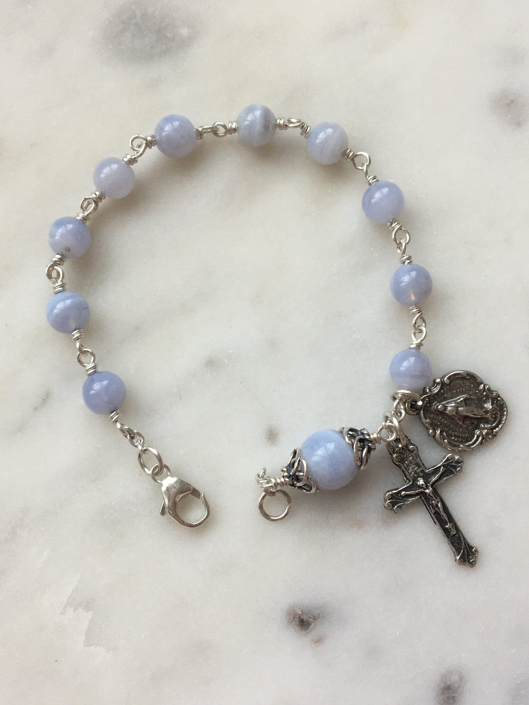 Blue Lace Agate Rosary Bracelet - All Sterling - Wire-wrapped CeCeAgnes