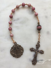 Load image into Gallery viewer, Pink Pocket Rosary - Miraculous Medal Tenner - Rhodonite Gemstones - Bronze - Single Decade Rosary CeCeAgnes
