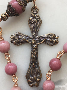 Pink Pocket Rosary - Miraculous Medal Tenner - Rhodonite Gemstones - Bronze - Single Decade Rosary CeCeAgnes