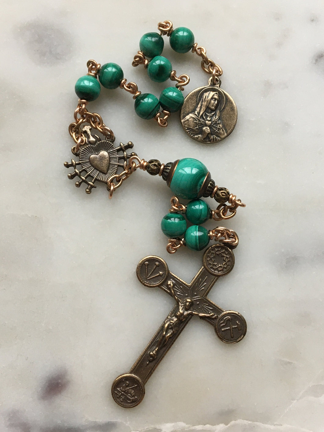 Pocket Servite Rosary - Malachite - Bronze - Seven Sorrows Chaplet - Our Lady of Sorrows CeCeAgnes