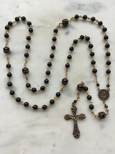 Saint Joseph Black Onyx Rosary - Bronze Medals - Lilies Crucifix CeCeAgnes