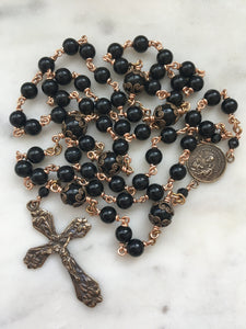 Saint Joseph Black Onyx Rosary - Bronze Medals - Lilies Crucifix CeCeAgnes