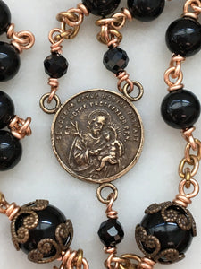 Saint Joseph Black Onyx Rosary - Bronze Medals - Lilies Crucifix CeCeAgnes