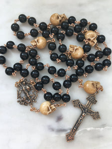 Memento Mori Rosary - Saint Michael- Onyx and Ox Bone Skulls - Bronze - Wire-wrapped - Pardon Crucifix