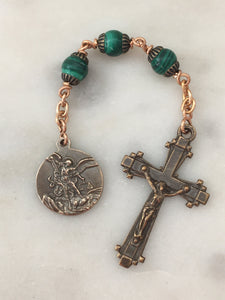 Three Hail Mary Chaplet - Malachite Gemstones and Bronze Medals - Saint Michael CeCeAgnes