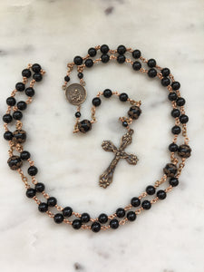 Saint Joseph Black Onyx Rosary - Bronze Medals - Lilies Crucifix CeCeAgnes