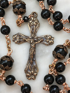 Saint Joseph Black Onyx Rosary - Bronze Medals - Lilies Crucifix CeCeAgnes