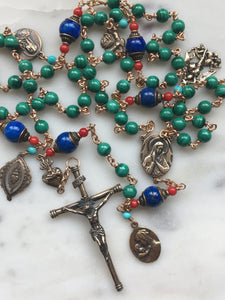 Beautiful Rosary - Malachite, Lapis, Coral, Turquoise - Bronze