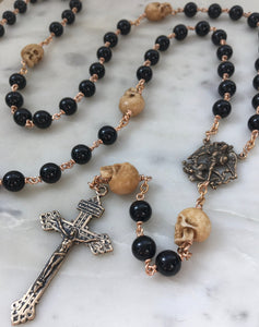 Memento Mori Rosary - Saint Michael- Onyx and Ox Bone Skulls - Bronze - Wire-wrapped - Pardon Crucifix