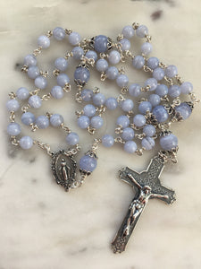 Blue Lace Agate Rosary - All Sterling Silver - Gemstones - Reproductions of Antique Medals CeCeAgnes