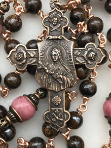 Bronze Carmelite Rosary - Saint Therese - Bronzite - Brown and Pink Gemstones CeCeAgnes