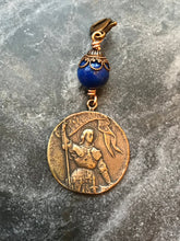 Load image into Gallery viewer, Bag Charm  Catholic Joan of Arc Zipper Pull - Bronze and Lapis
