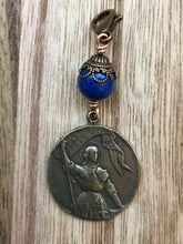 Load image into Gallery viewer, Bag Charm  Catholic Joan of Arc Zipper Pull - Bronze and Lapis
