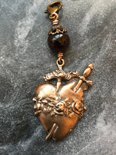 Load image into Gallery viewer, Bag Charm  Catholic Immaculate Heart Zipper Pull - Bronze and Garnet
