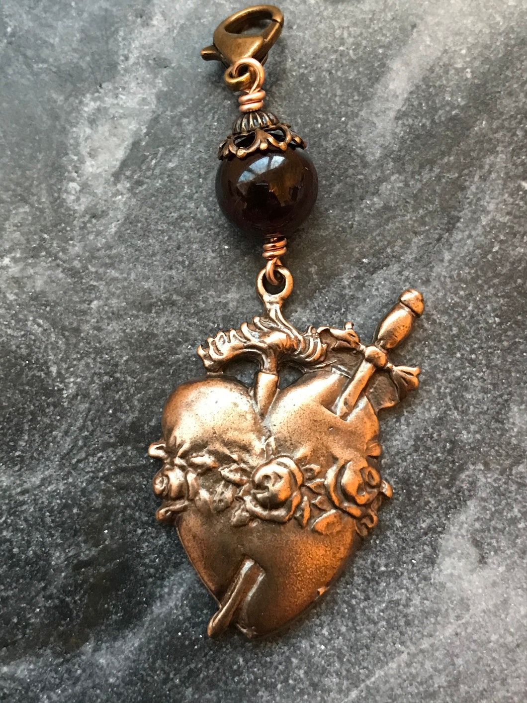 Bag Charm  Catholic Immaculate Heart Zipper Pull - Bronze and Garnet