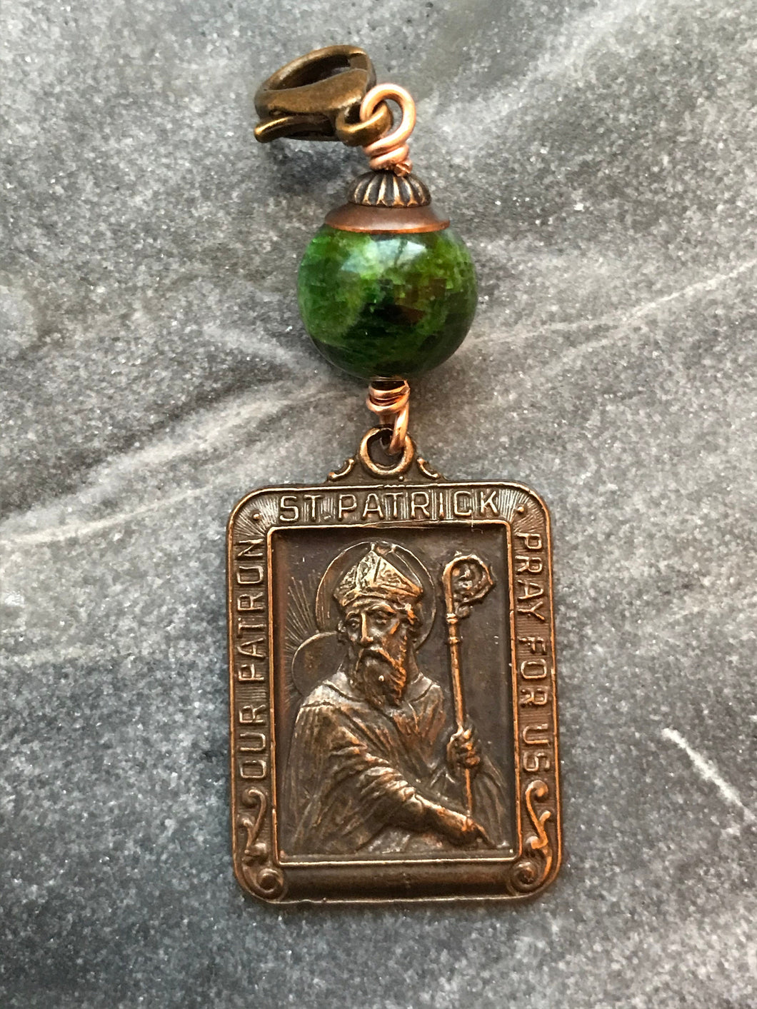 Bag Charm  Catholic Saint Patrick Zipper Pull - Bronze and Chrome Diopside