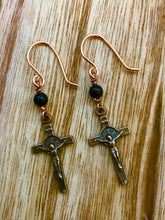 Load image into Gallery viewer, Saint Benedict Cross Earrings - Black Tourmaline and Bronze
