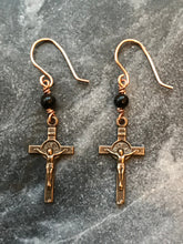 Load image into Gallery viewer, Saint Benedict Cross Earrings - Black Tourmaline and Bronze
