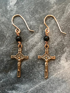 Saint Benedict Cross Earrings - Black Tourmaline and Bronze