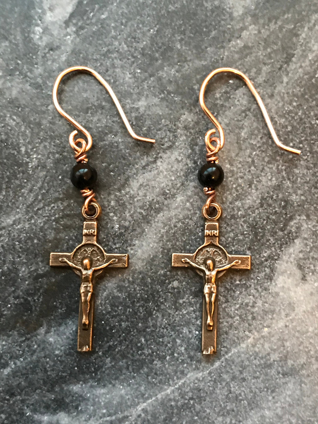 Saint Benedict Cross Earrings - Black Tourmaline and Bronze