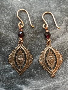 Sacred Heart Earrings - Bronze and Garnet