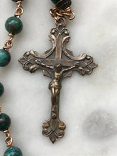 Load image into Gallery viewer, Saint Joan of Arc, Saint Michael and Sacred Heart Pocket Rosary - Chrysocolla and Bronze
