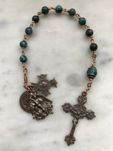 Load image into Gallery viewer, Saint Joan of Arc, Saint Michael and Sacred Heart Pocket Rosary - Chrysocolla and Bronze
