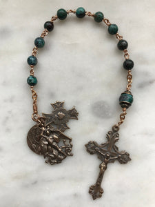 Saint Joan of Arc, Saint Michael and Sacred Heart Pocket Rosary - Chrysocolla and Bronze