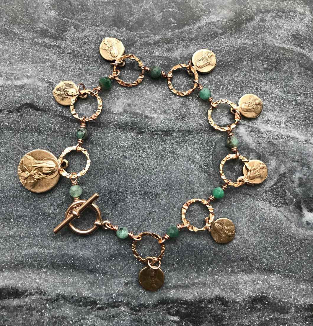 Seven Sorrows Bronze Charm Bracelet - Emerald Gemstones