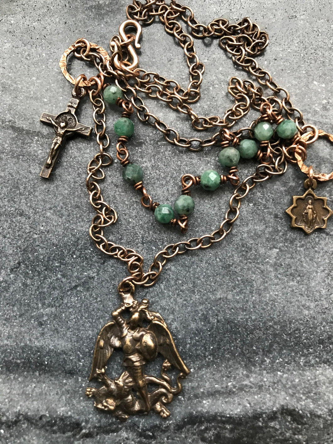 Emerald Rosary Necklace - Saint Michael- Miraculous Medal -Saint Benedict - Solid  Bronze