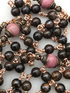 Bronze Carmelite Rosary - Saint Therese - Bronzite - Brown and Pink Gemstones CeCeAgnes