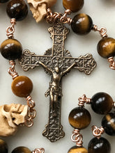 Load image into Gallery viewer, Memento Mori Rosary - Holy Face of Jesus - Tiger eye and Ox Bone Skulls - Bronze - Wire-wrapped CeCeAgnes
