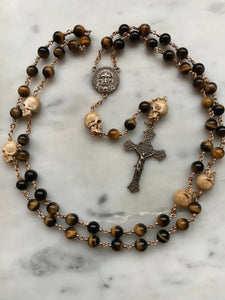 Memento Mori Rosary - Holy Face of Jesus - Tiger eye and Ox Bone Skulls - Bronze - Wire-wrapped CeCeAgnes