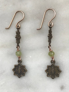 Miraculous Medal Earrings - Peridot and Bronze